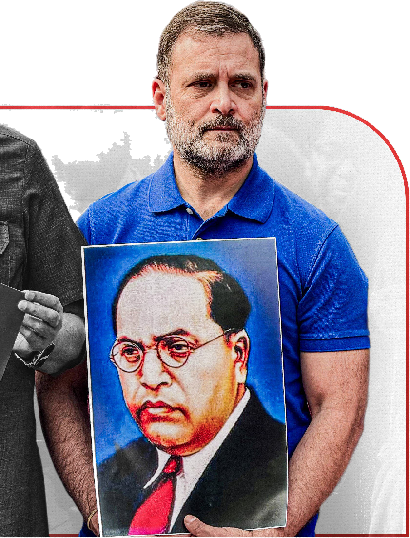 Rahul Gandhi in a blue polo shirt holding a framed portrait of Babasaheb Ambedkar during the protest