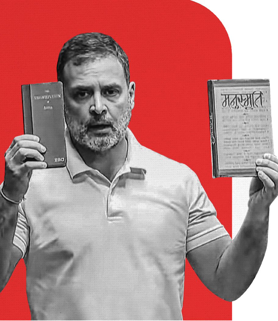 Rahul Gandhi in a white shirt holding up a copy of the Constitution in one hand and the Manusmriti in the other, against a red block