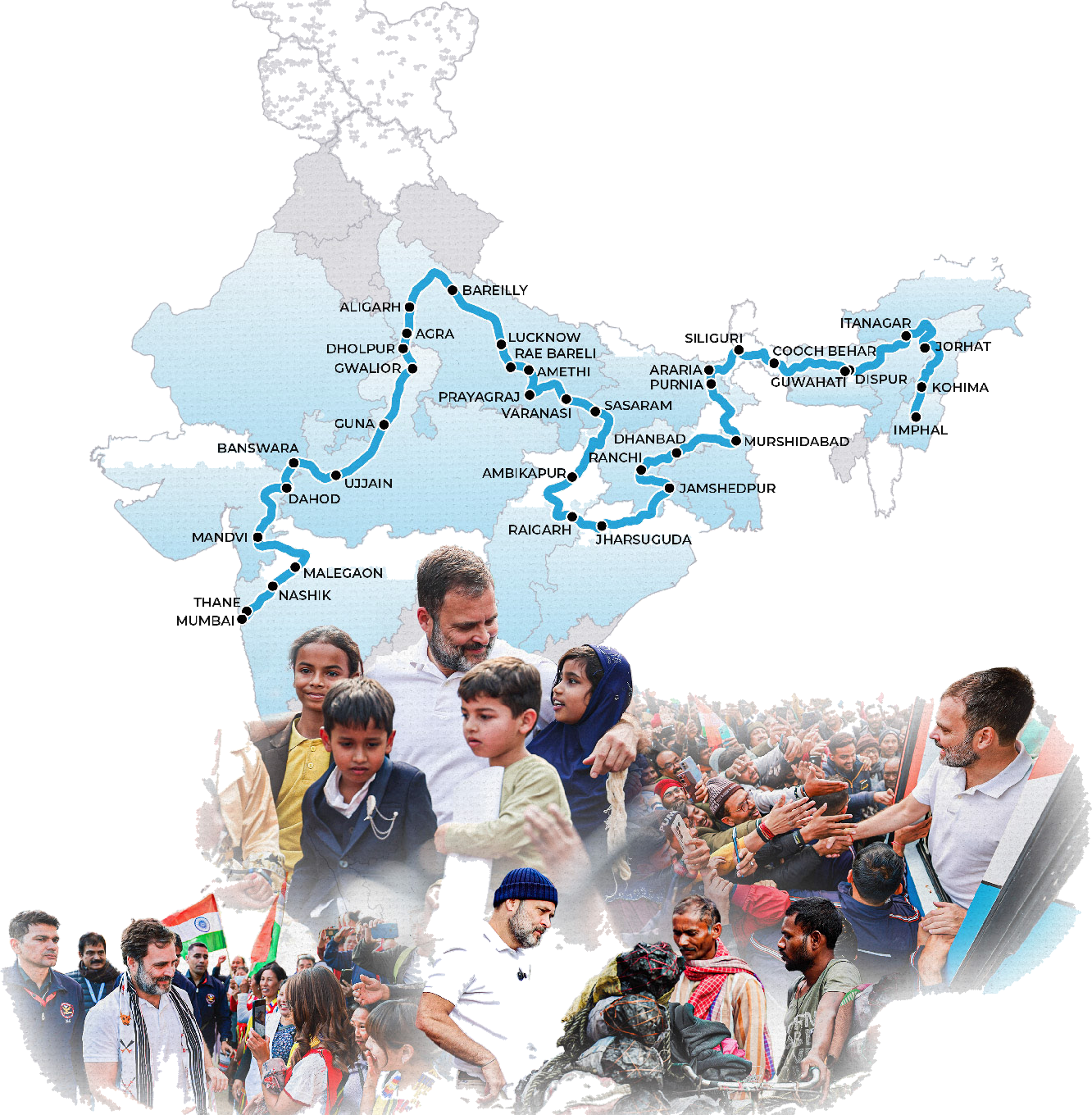 Map of India tracing the Bharat Jodo Nyay Yatra route from Imphal to Mumbai, above a collage of Rahul Gandhi meeting people along the way
