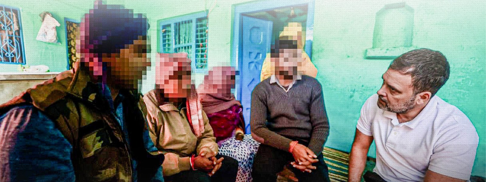 Rahul Gandhi sitting with the family of the Hathras victim inside their home; the family members' faces are pixelated