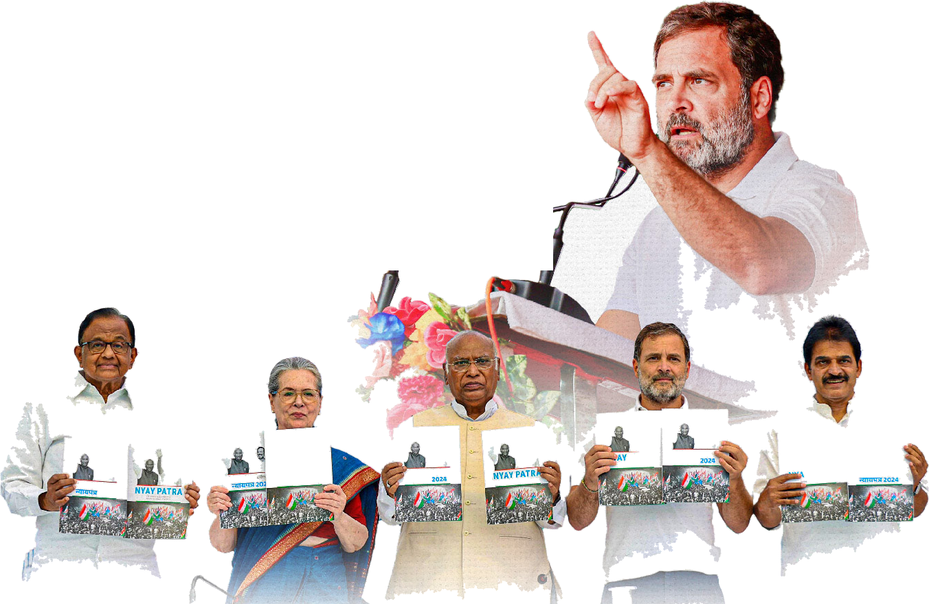 Rahul Gandhi speaking at a podium; below, Congress leaders P. Chidambaram, Sonia Gandhi, Mallikarjun Kharge, Rahul Gandhi and K. C. Venugopal holding up copies of the Nyay Patra manifesto