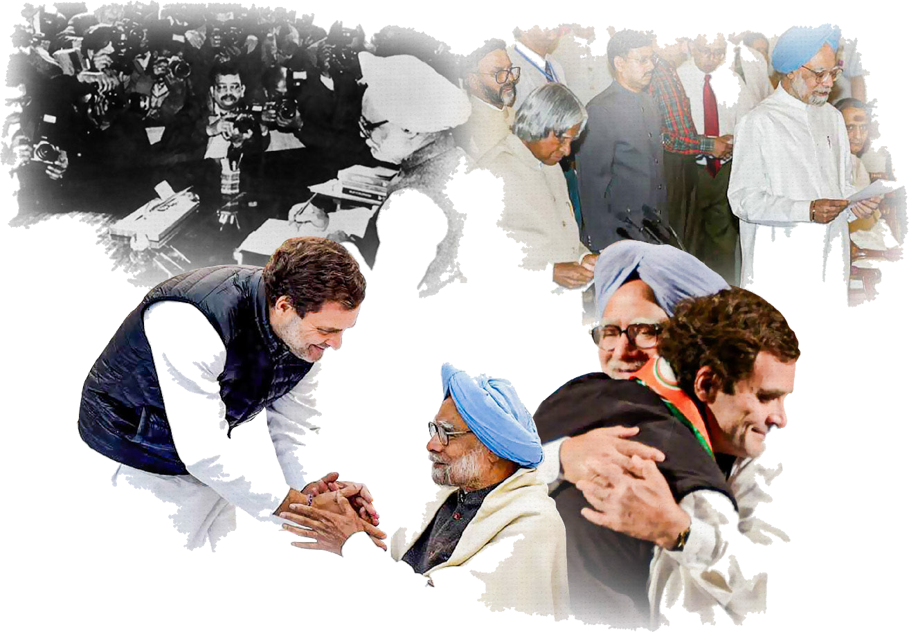 Collage of photographs of Dr. Manmohan Singh through the years, including moments with Rahul Gandhi