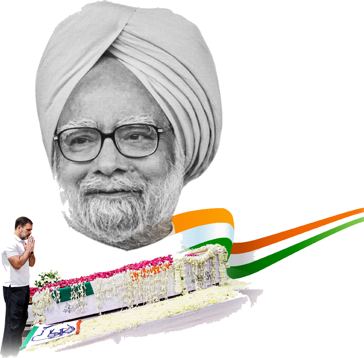 Black-and-white portrait of Dr. Manmohan Singh above a tricolour-draped casket covered in flowers, with Rahul Gandhi standing beside it, hands folded