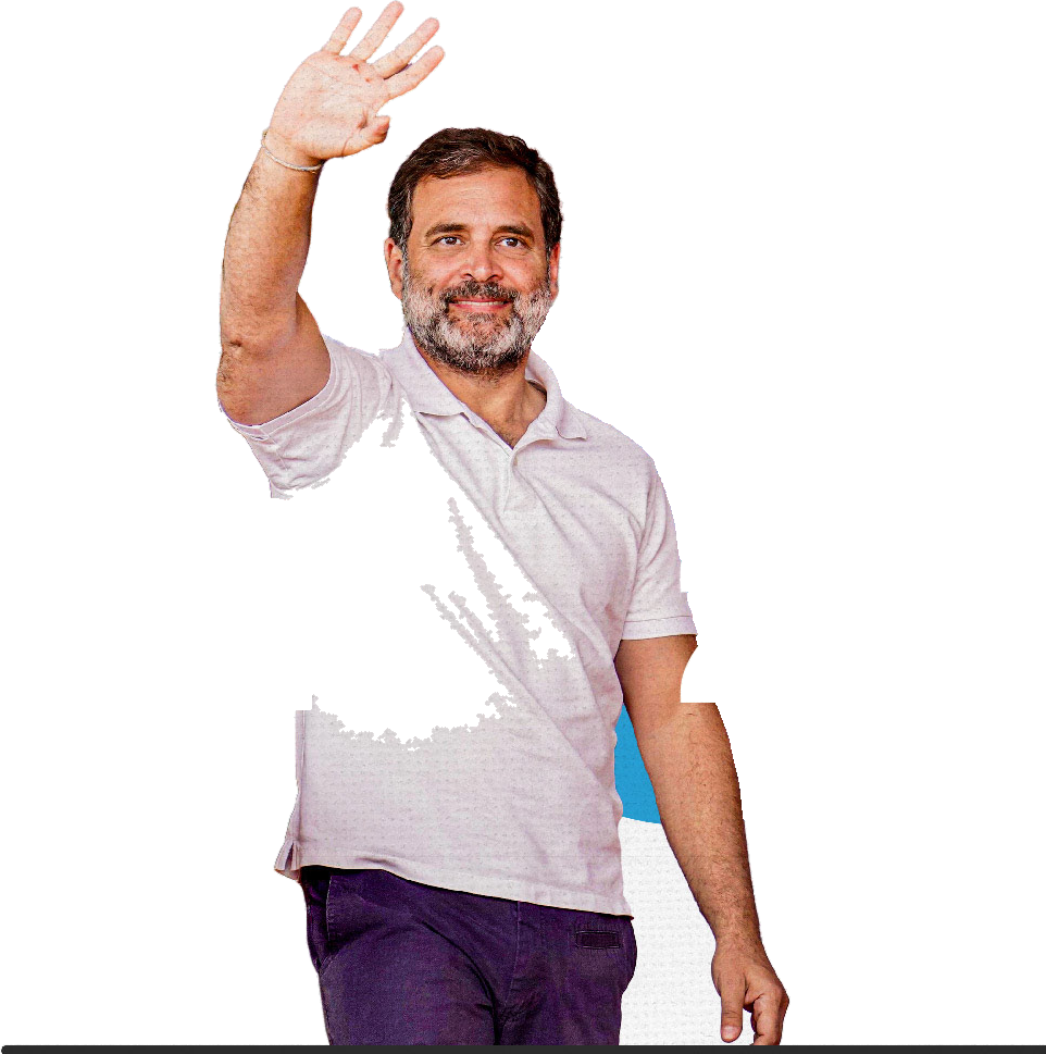 Rahul Gandhi waving, in a pale pink polo shirt