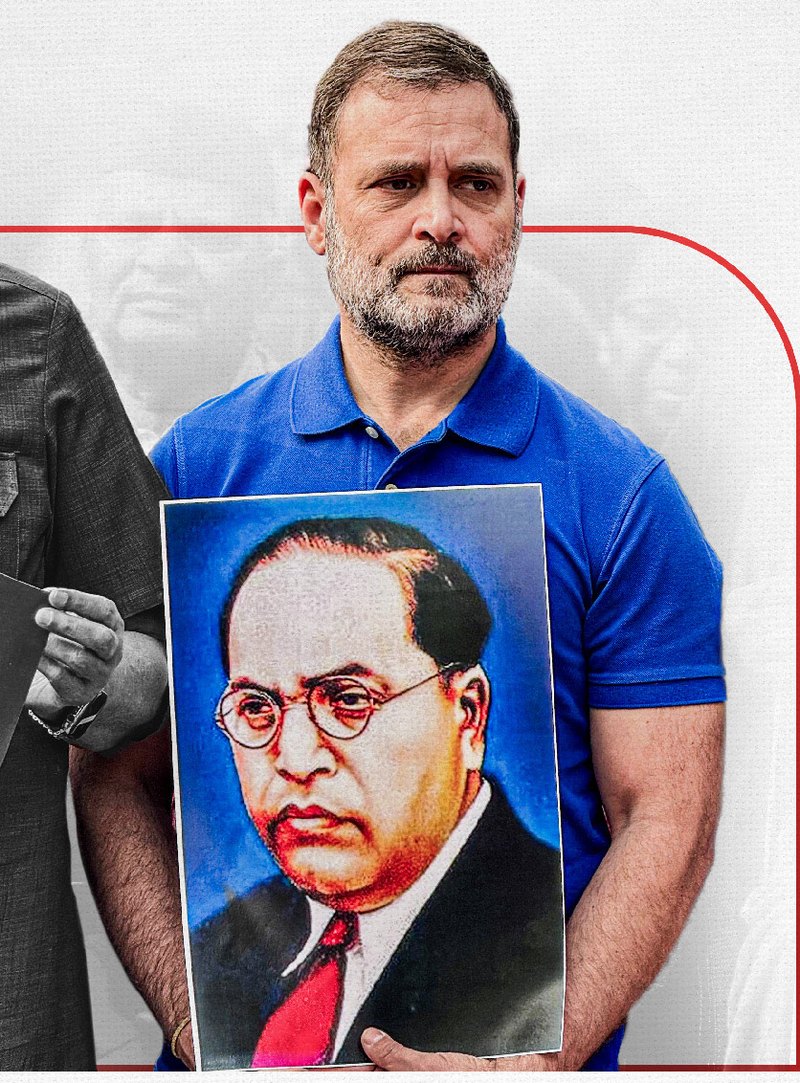 Rahul Gandhi holding a portrait of Dr. B. R. Ambedkar during the protest in Parliament
