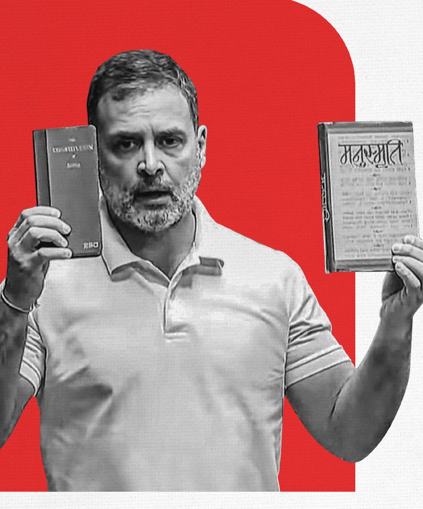 Rahul Gandhi in the Lok Sabha holding up the Constitution of India and a copy of the Manusmriti