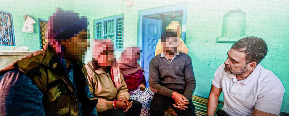 Rahul Gandhi sitting with the family of the Hathras rape and murder victim at their home