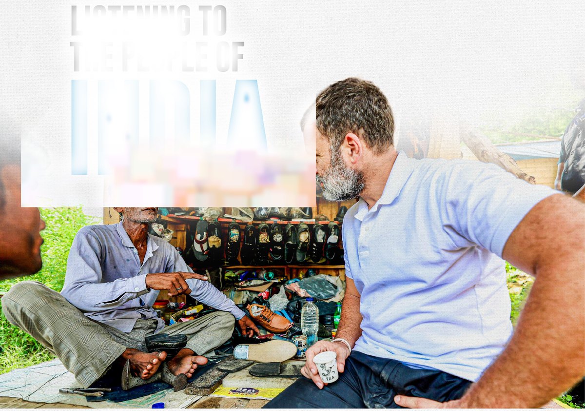 Rahul Gandhi sitting with a cobbler at his roadside stall in Sultanpur, Uttar Pradesh