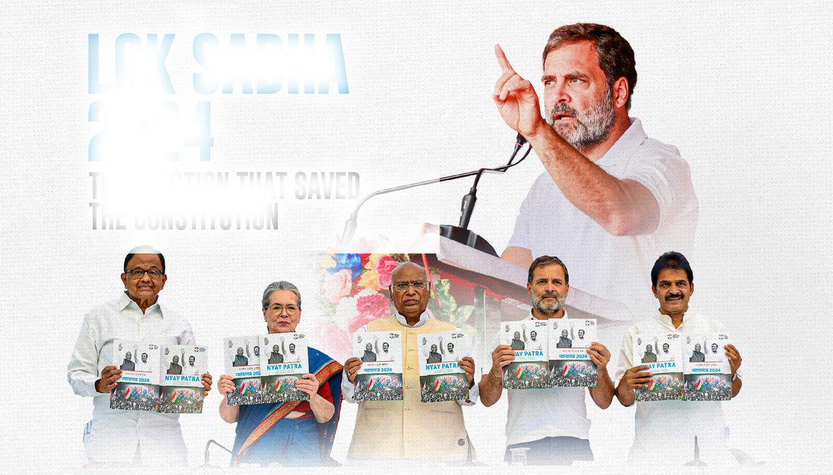 Rahul Gandhi speaking at a rally, with Congress leaders launching the Nyay Patra manifesto