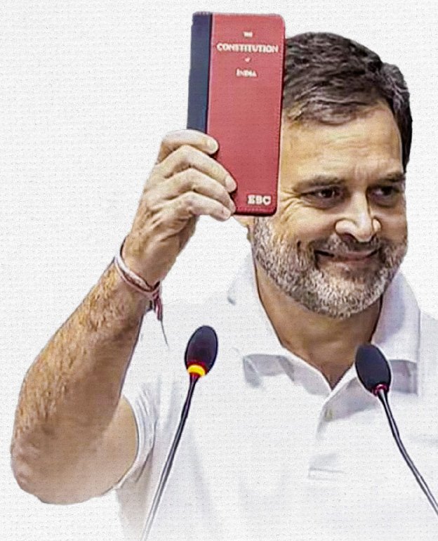 Rahul Gandhi holding up a copy of the Constitution of India in the Lok Sabha