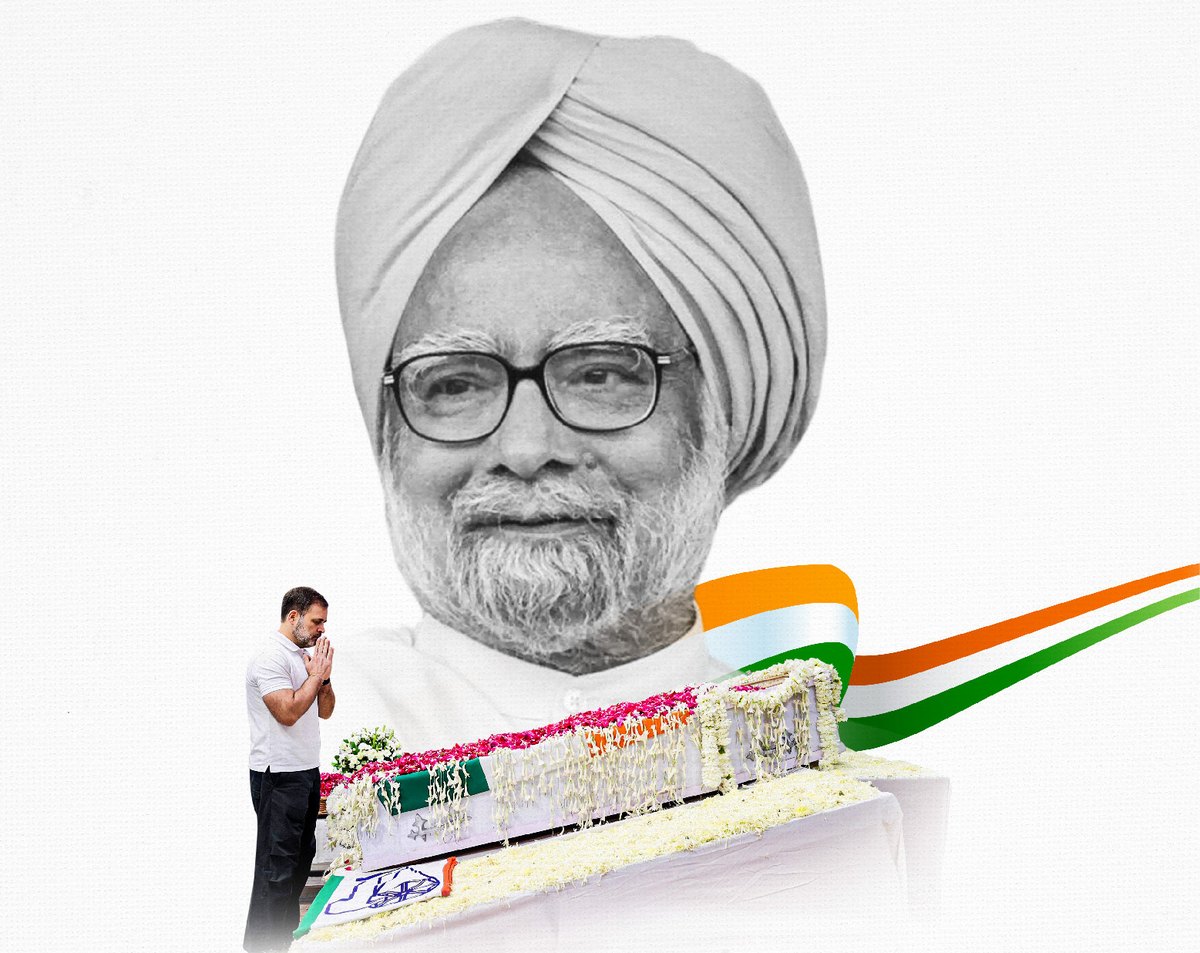 Rahul Gandhi pays his respects at Dr. Manmohan Singh's flower-covered bier, with a portrait of Dr. Singh above and the Indian tricolour behind