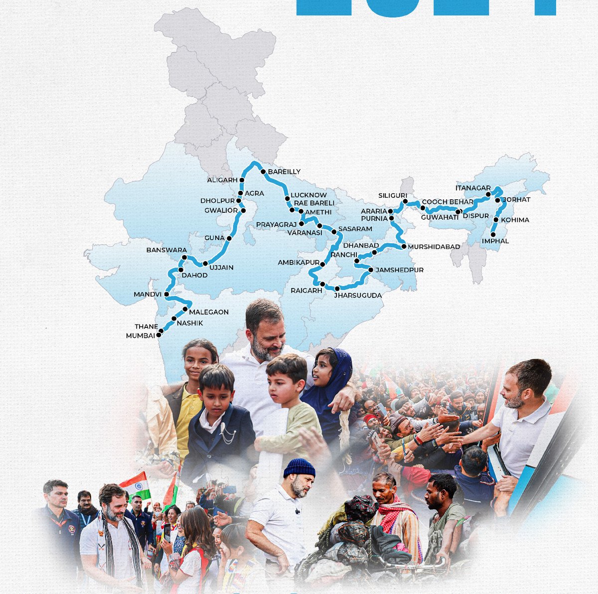 Map of the Bharat Jodo Nyay Yatra route from Manipur to Mumbai, with photographs of Rahul Gandhi meeting people along the way