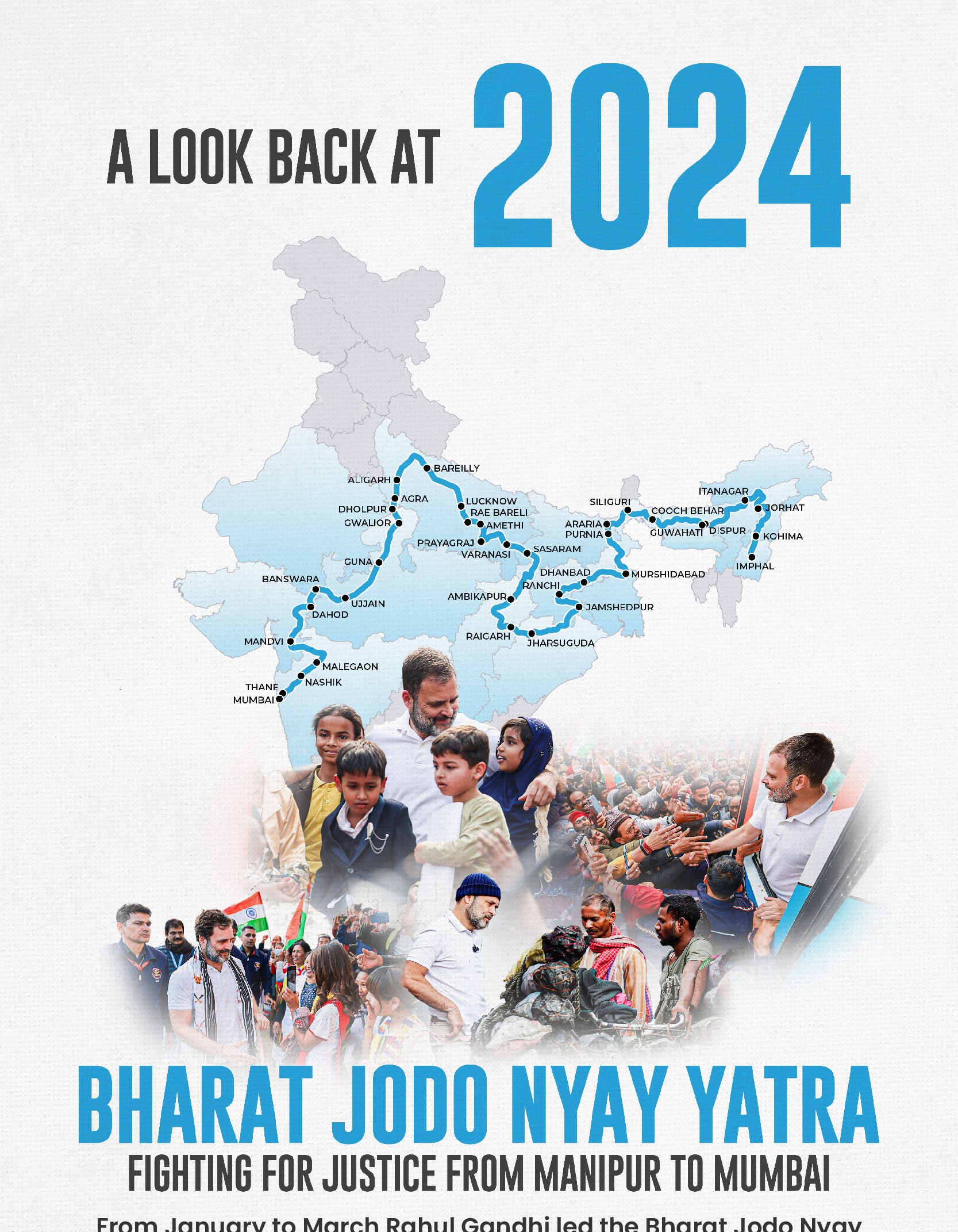 Map of India with the Bharat Jodo Nyay Yatra route plotted in blue from Manipur to Mumbai, overlaid with crowd photographs from the march