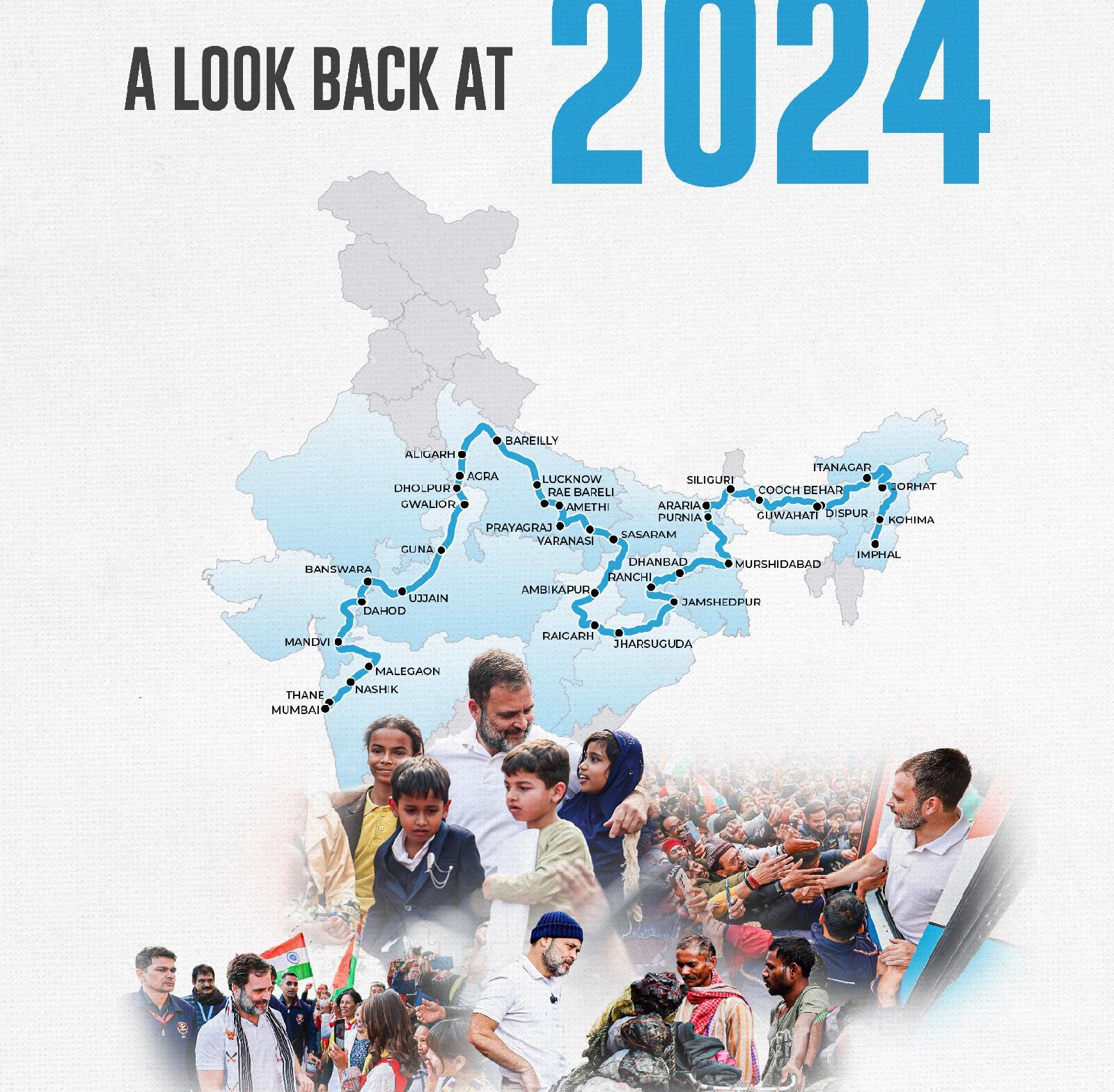 Map of India with the Bharat Jodo Nyay Yatra route plotted in blue from Manipur to Mumbai, overlaid with crowd photographs from the march