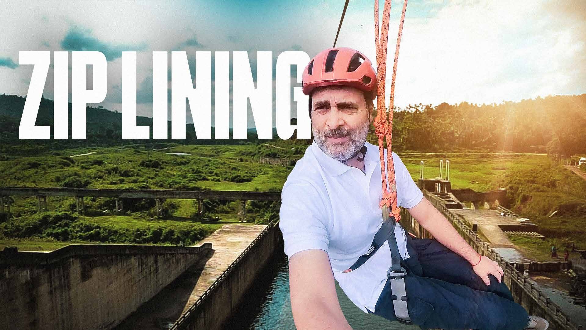 Tile with ZIP LINING lettering over Rahul Gandhi zip-lining in Wayanad