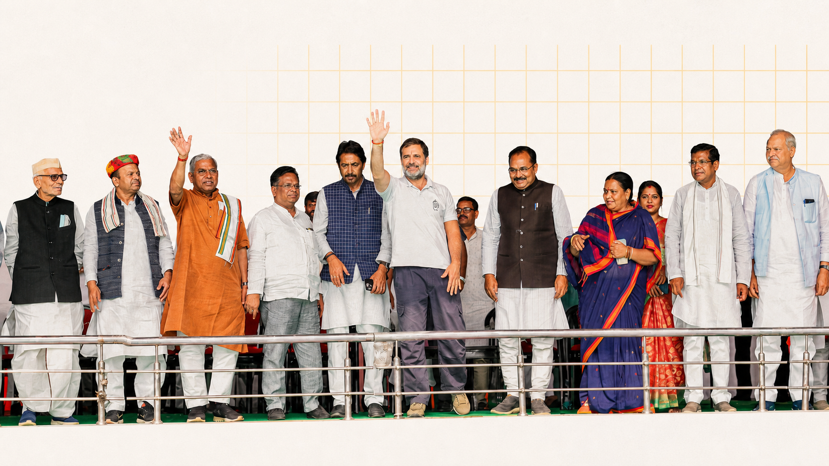 Rahul Gandhi and INDIA alliance leaders on stage at a Jharkhand campaign rally
