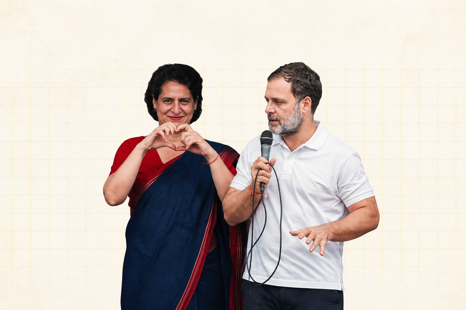 प्रियंका गांधी हाथों से दिल का संकेत बनाते हुए और राहुल गांधी माइक्रोफोन पर बोलते हुए